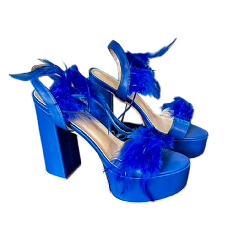 Shein blue strappy feathered platform sandals size 40 (9-9.5)